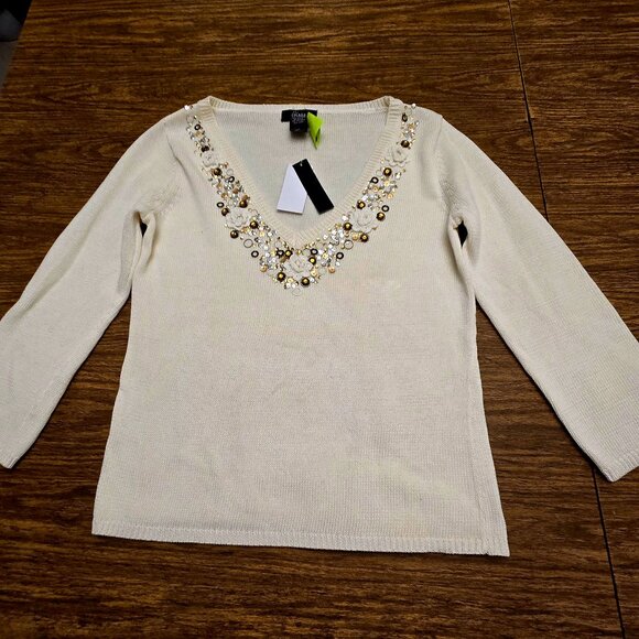 HENRY NEW YORK Women's 100% Cotton V-Neckline Beaded L/Sleeves Sweater - SML - Picture 1 of 13